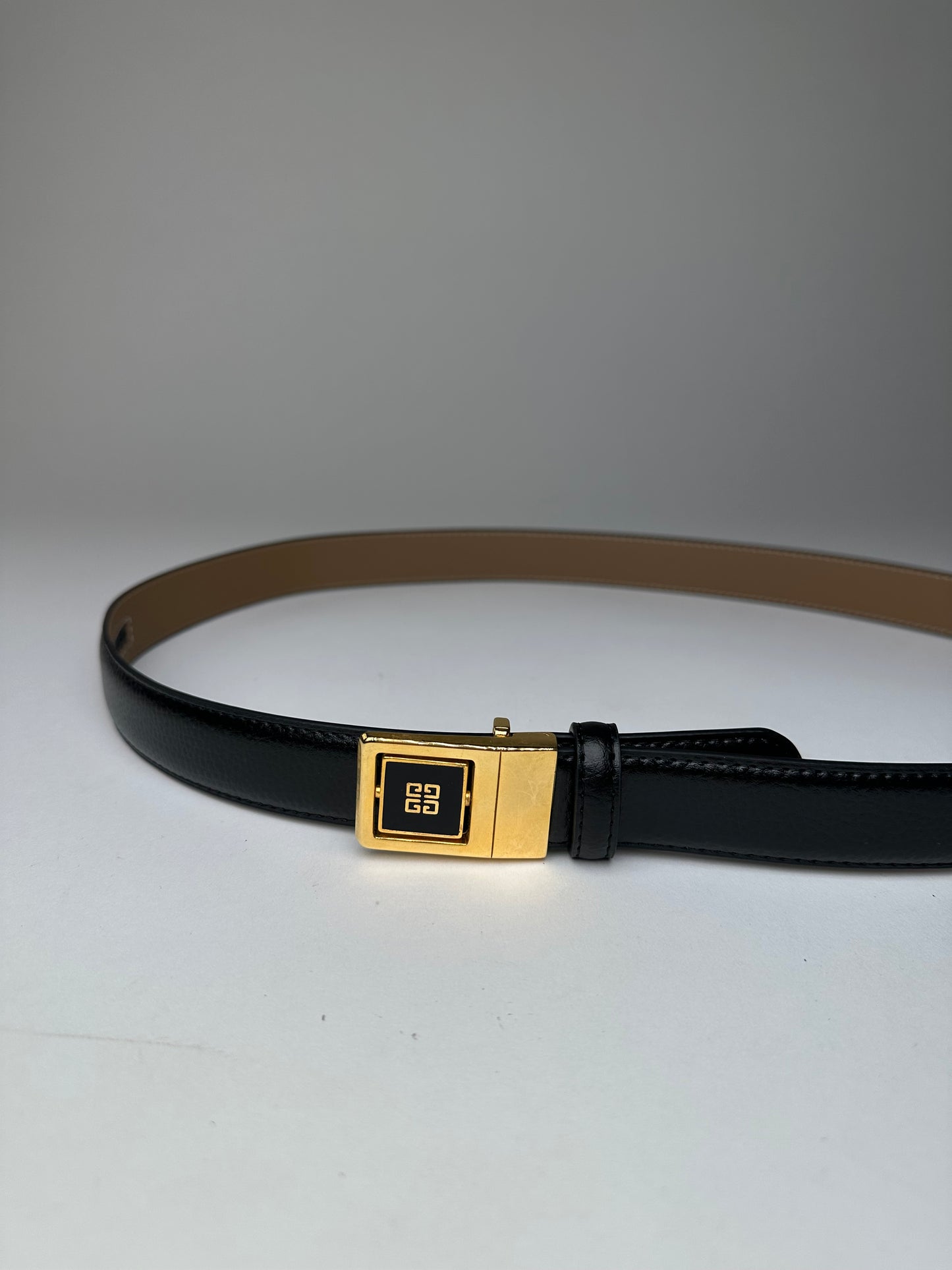 Vintage Givenchy Logo Buckle Belt 90s Black Beige Gold