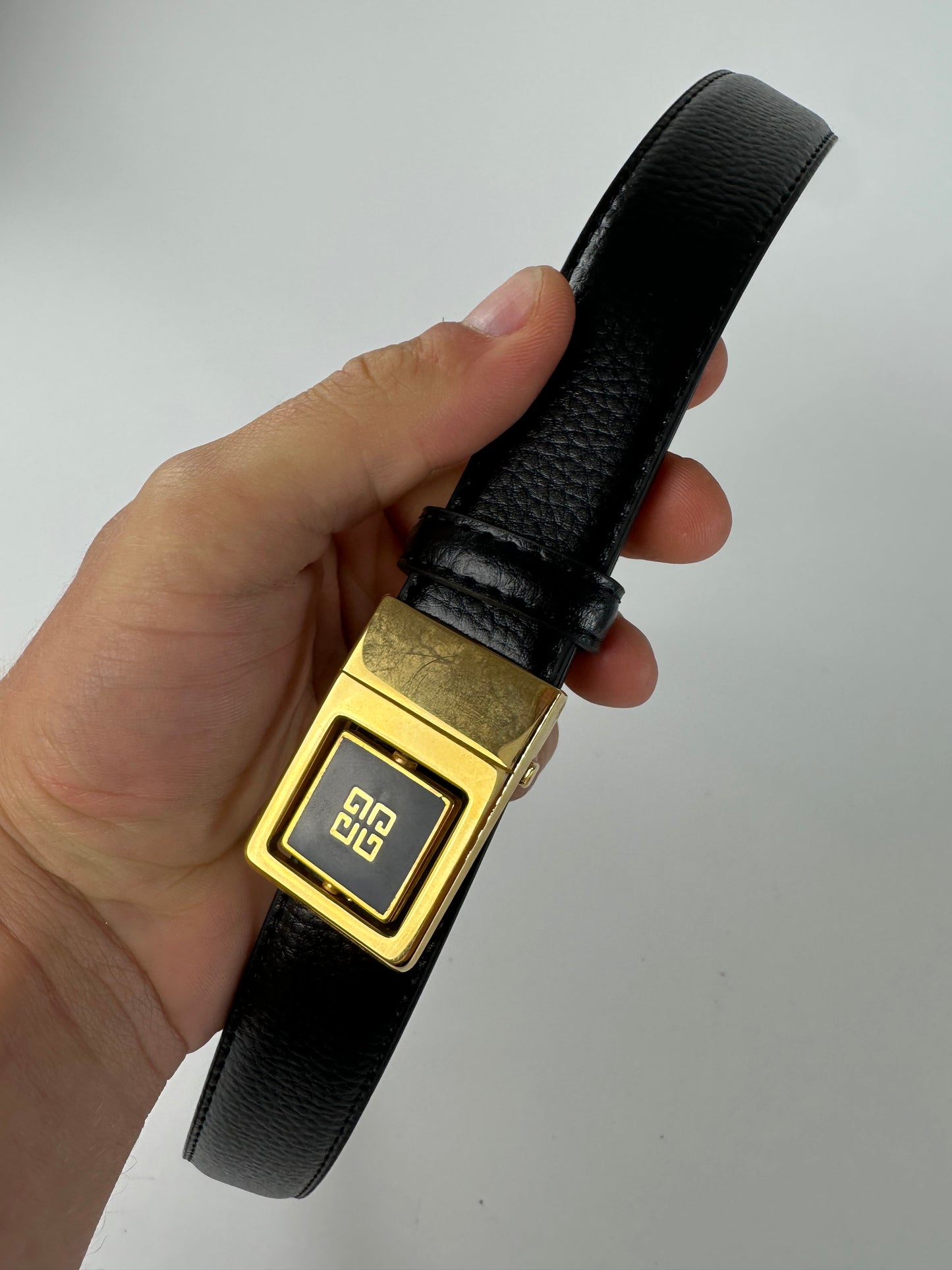 Vintage Givenchy Logo Buckle Belt 90s Black Beige Gold