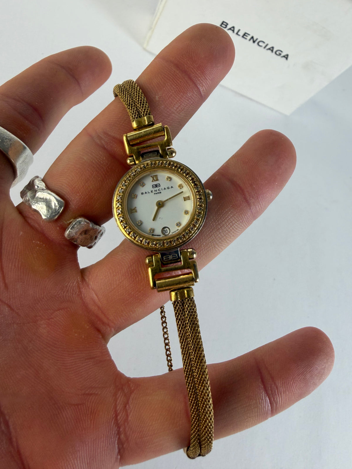 Vintage Balenciaga Mesh Bracelet Ladies' Watch Gold White c. Late 1980s