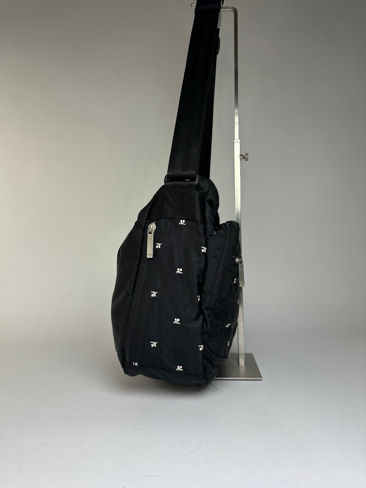 Vintage Courrèges Logo Jacquard Flap Crossbody Bag Early 2000s Black Silver