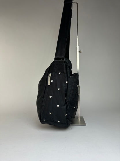 Vintage Courrèges Logo Jacquard Flap Crossbody Bag Early 2000s Black Silver