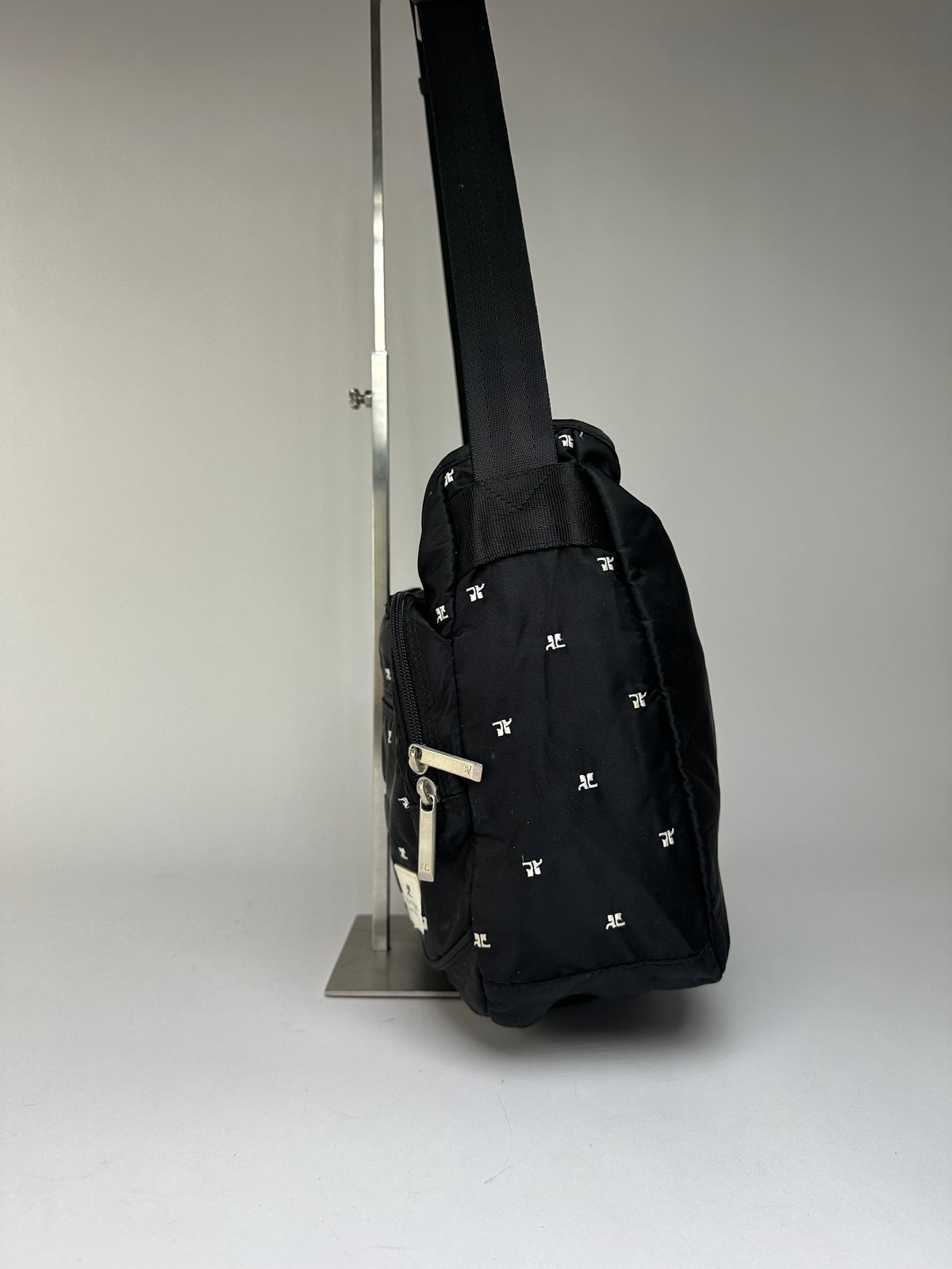 Vintage Courrèges Logo Jacquard Flap Crossbody Bag Early 2000s Black Silver