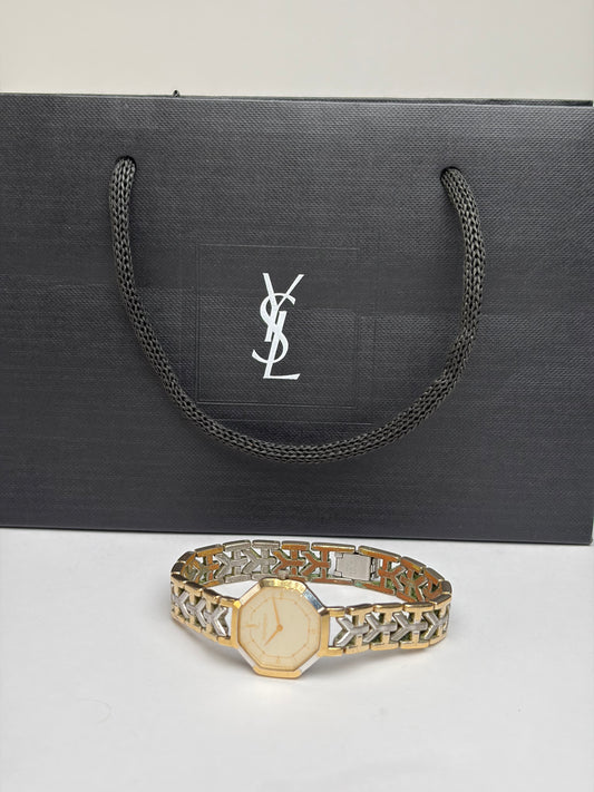 Vintage Yves Saint Laurent Octagonal Bracelet Watch Late 1980s Gold Silver
