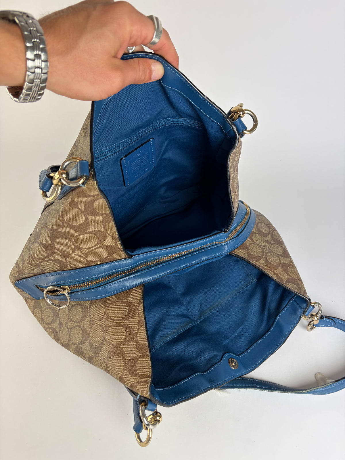 Vintage Coach Signature Canvas Structured Shoulder Bag Tan Brown