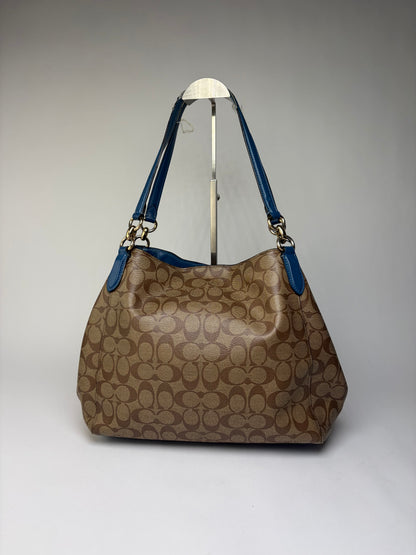Vintage Coach Signature Canvas Structured Shoulder Bag Tan Brown