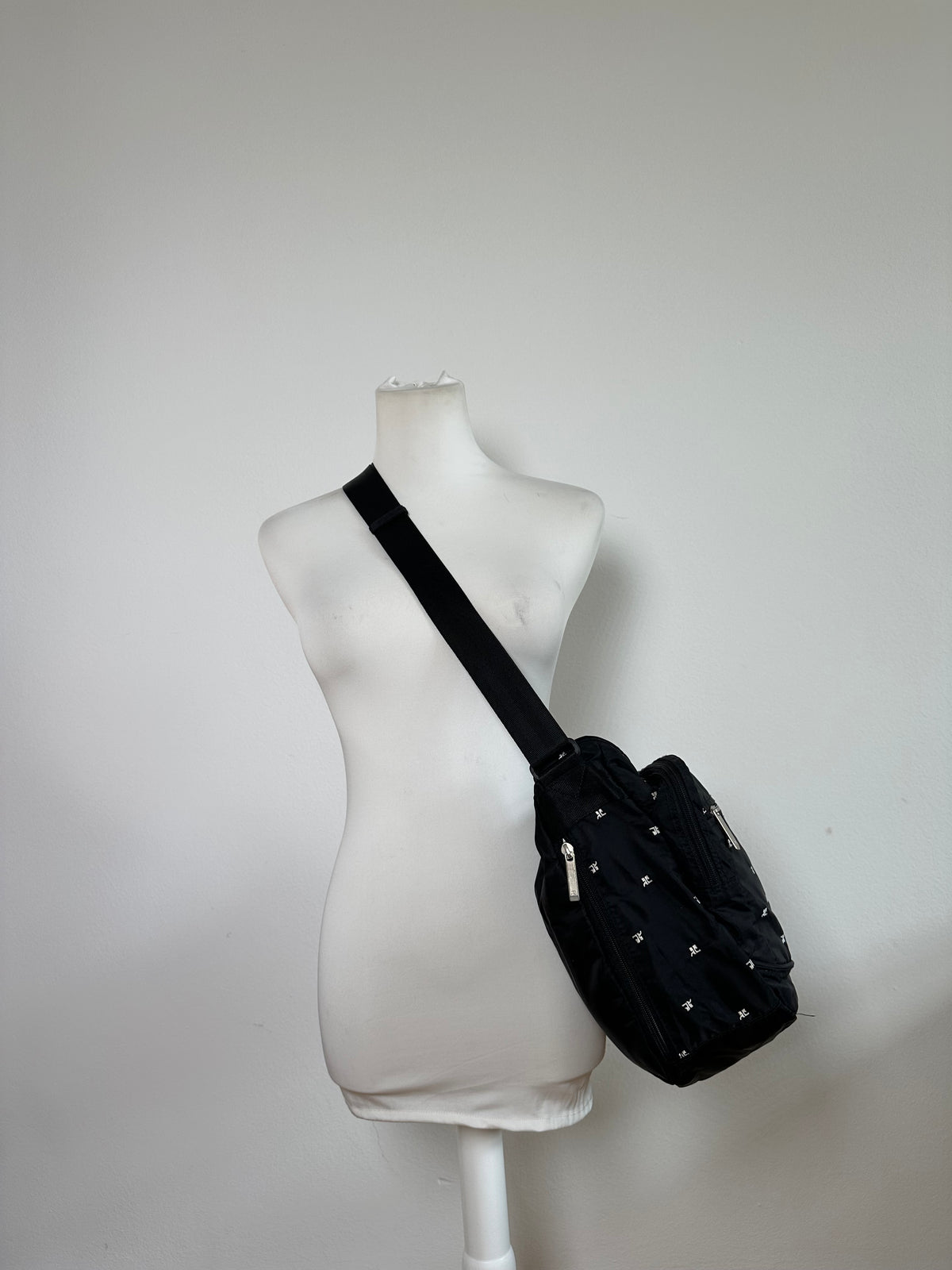 Vintage Courrèges Logo Jacquard Flap Crossbody Bag Early 2000s Black Silver