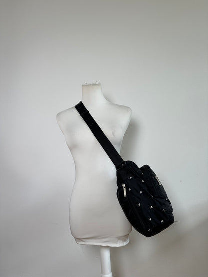 Vintage Courrèges Logo Jacquard Flap Crossbody Bag Early 2000s Black Silver