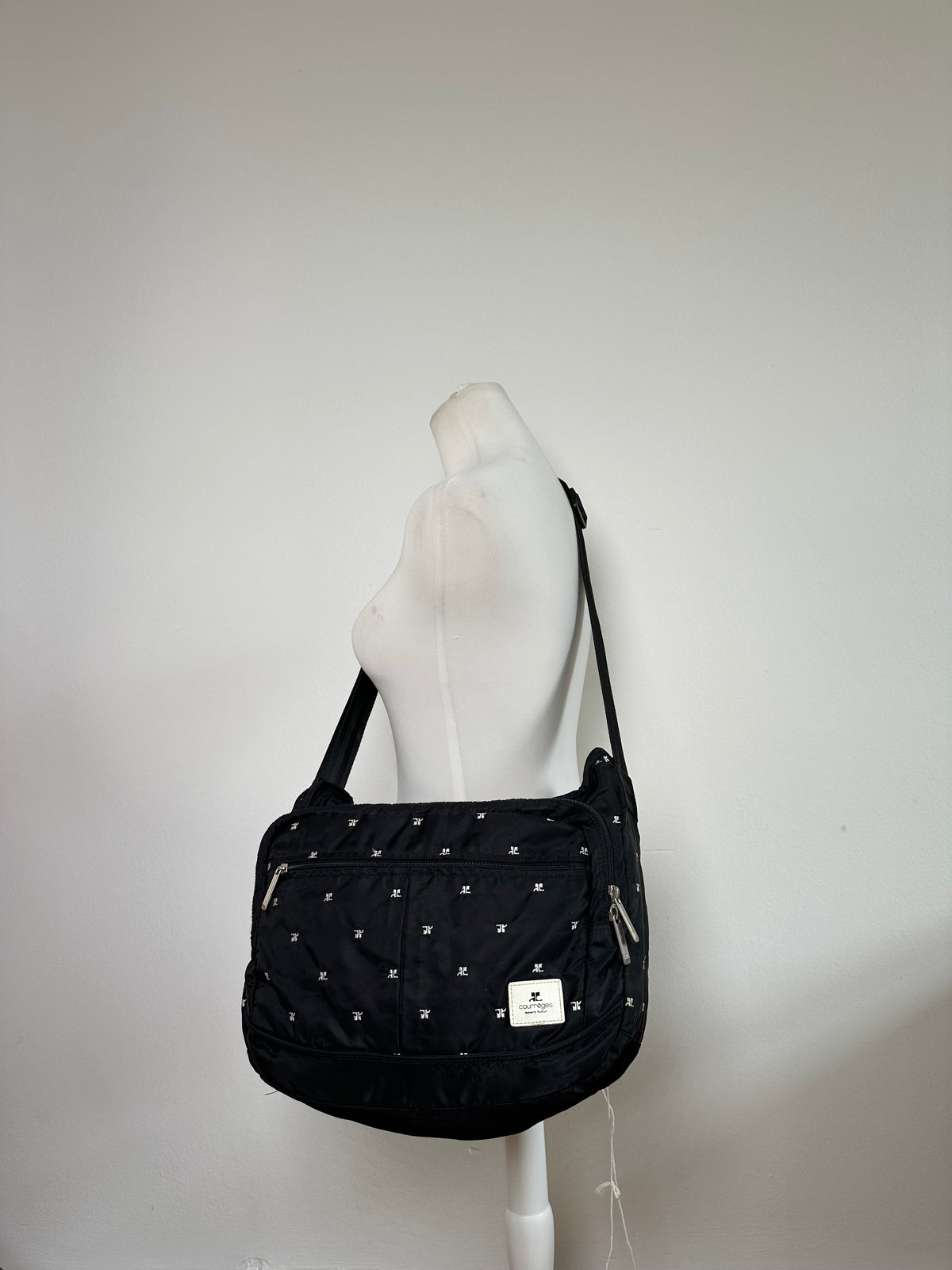 Vintage Courrèges Logo Jacquard Flap Crossbody Bag Early 2000s Black Silver