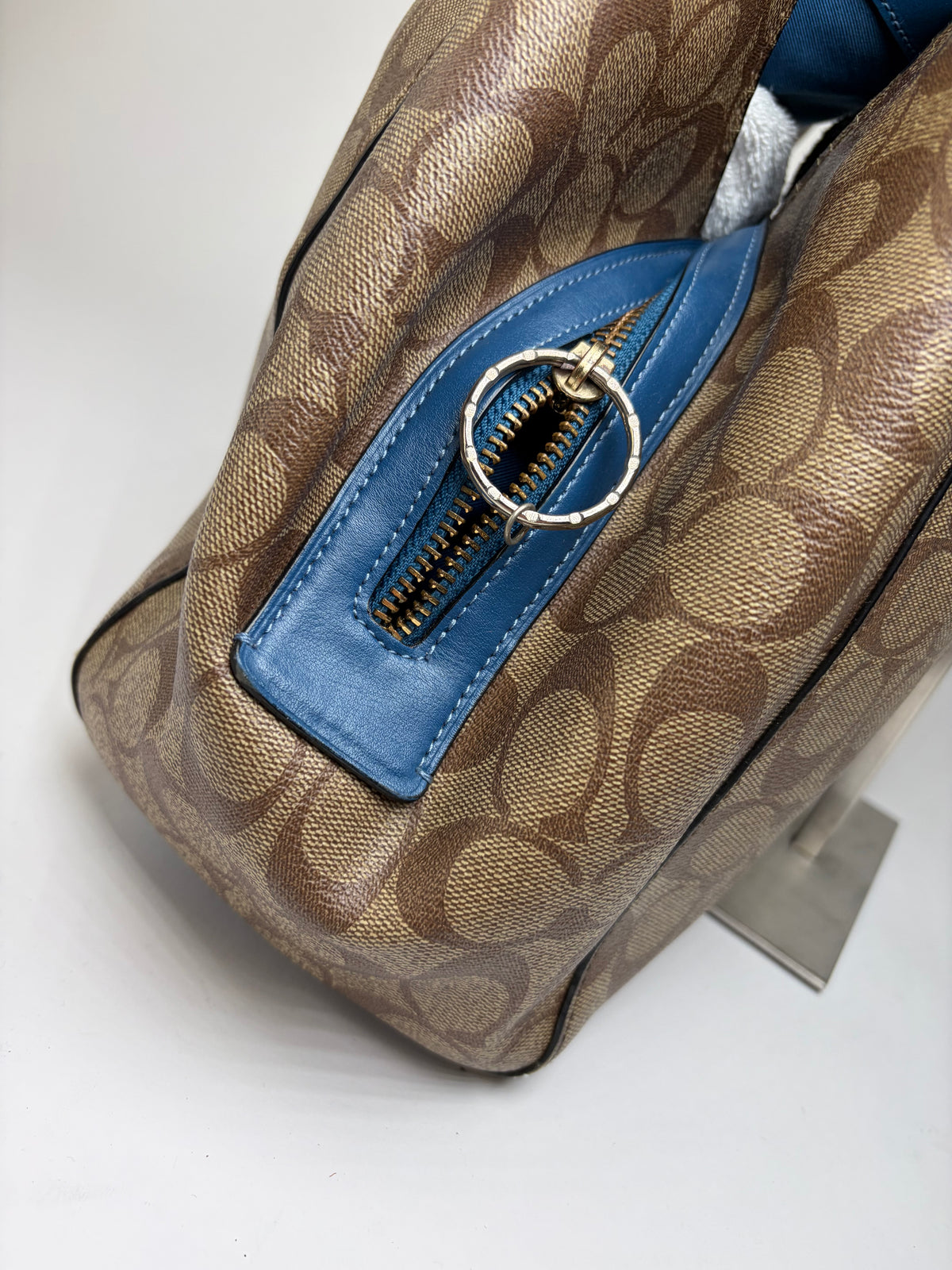 Vintage Coach Signature Canvas Structured Shoulder Bag Tan Brown