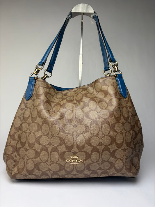 Vintage Coach Signature Canvas Structured Shoulder Bag Tan Brown