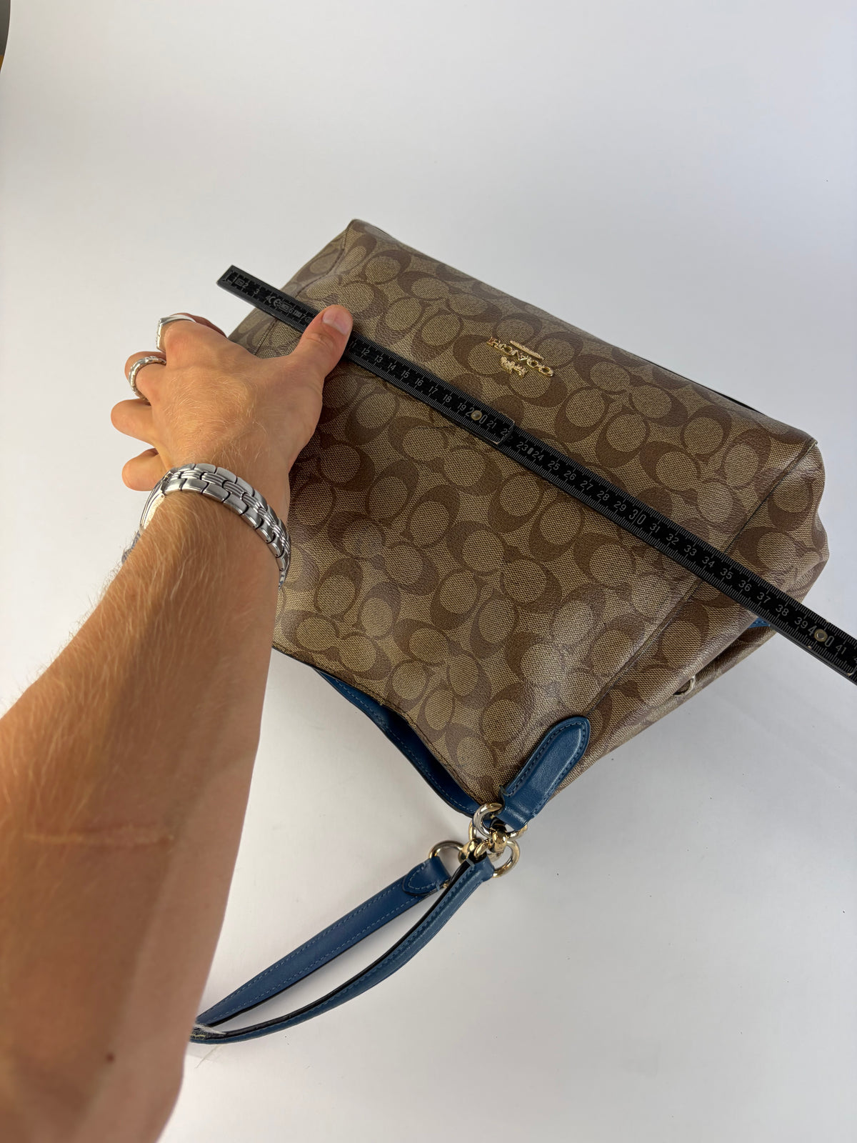 Vintage Coach Signature Canvas Structured Shoulder Bag Tan Brown