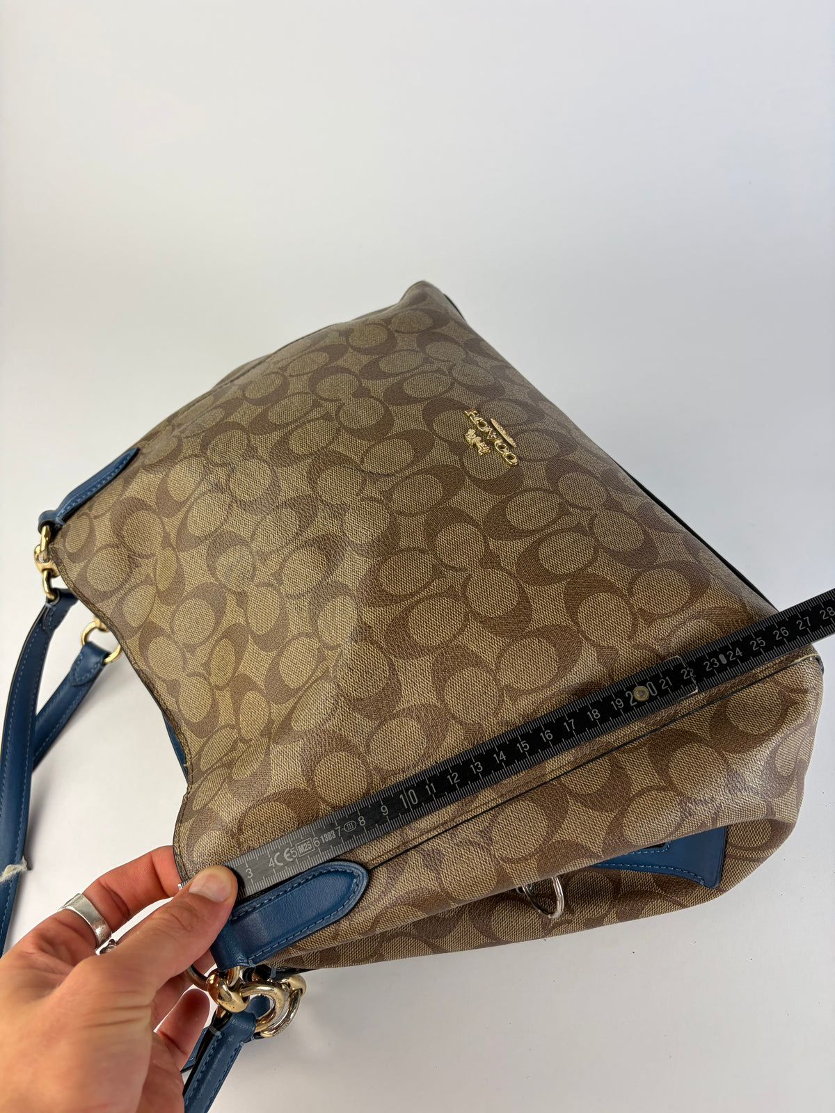 Vintage Coach Signature Canvas Structured Shoulder Bag Tan Brown