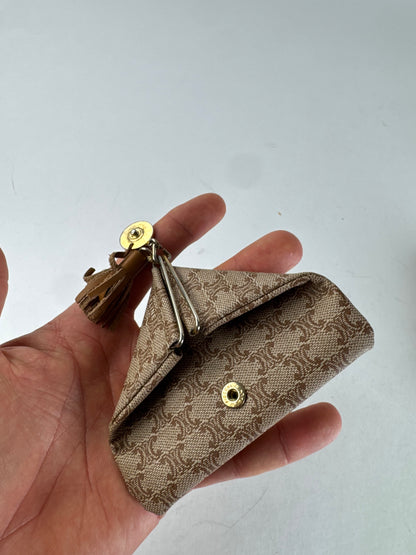 Vintage Celine Paris Leather Triomphe Monogram Card Holder / Purse  Beige