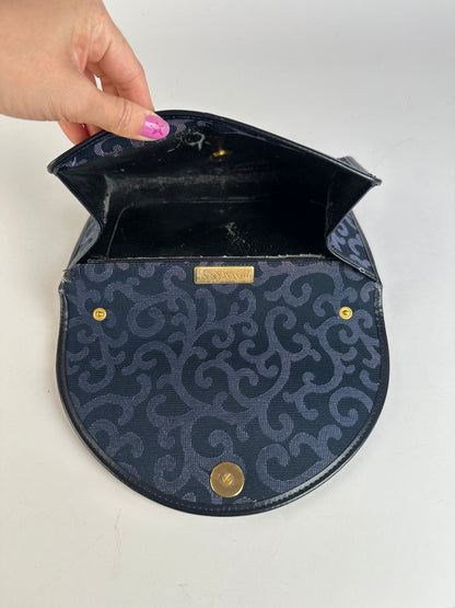 Vintage Yves Saint Laurent Textured Fabric Flap Wallet Navy Gold