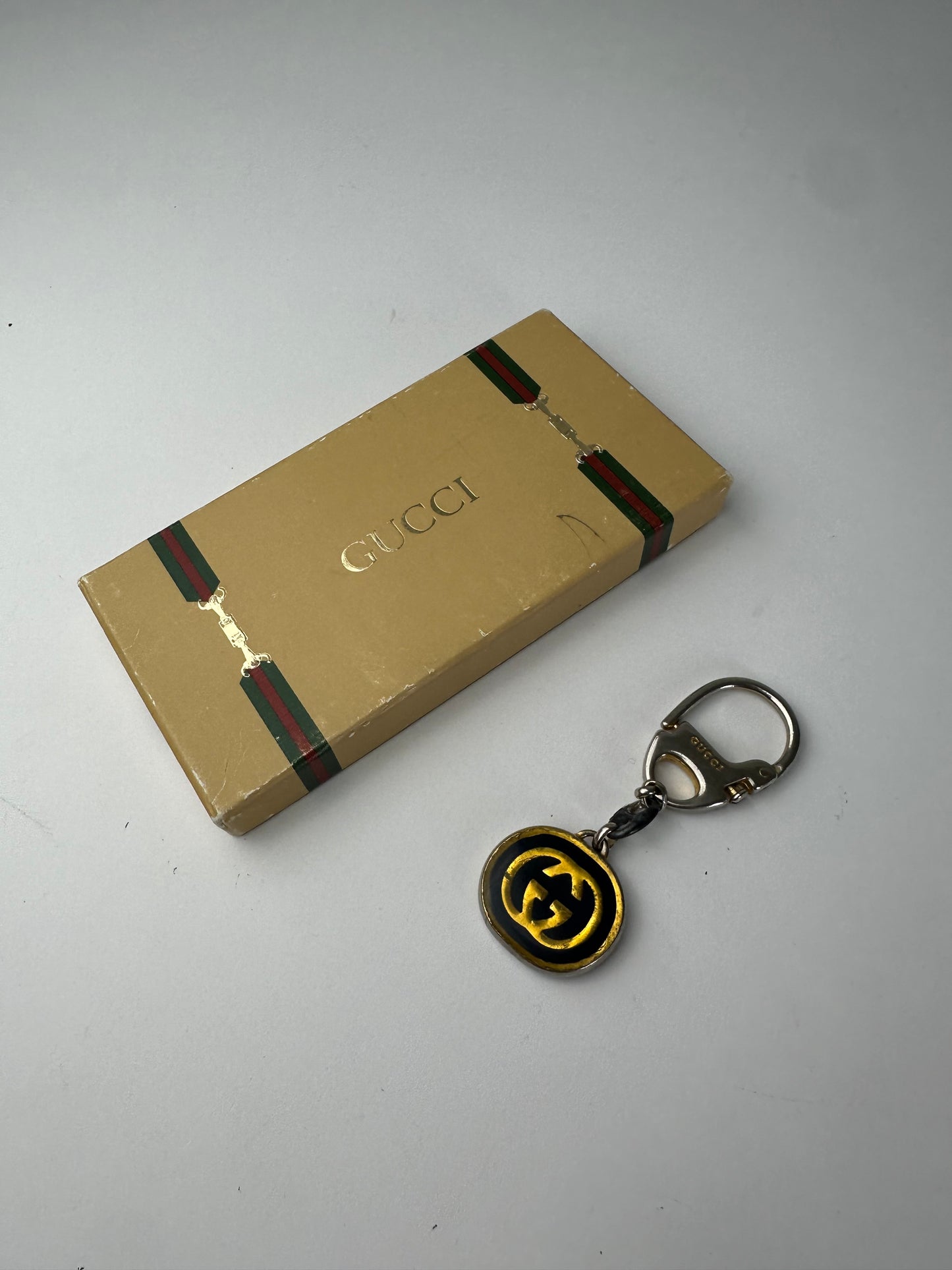 Vintage Gucci GG Logo Enamel Keychain Early 2000s Black Yellow
