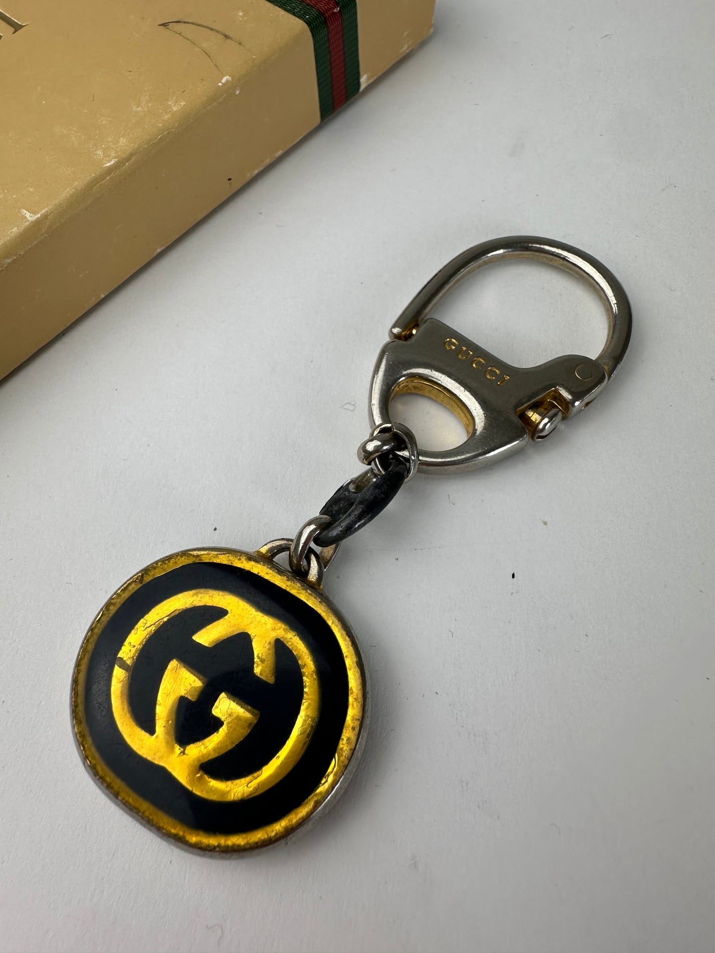 Vintage Gucci GG Logo Enamel Keychain Early 2000s Black Yellow