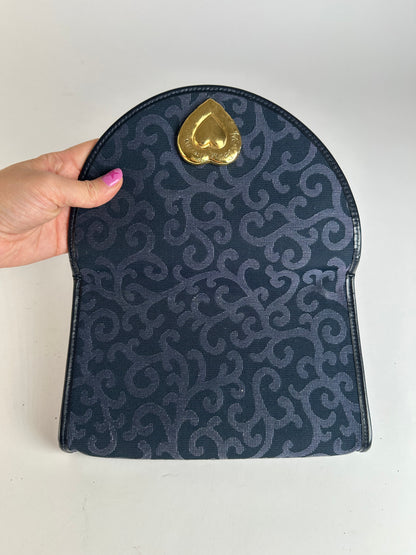 Vintage Yves Saint Laurent Textured Fabric Flap Wallet Navy Gold