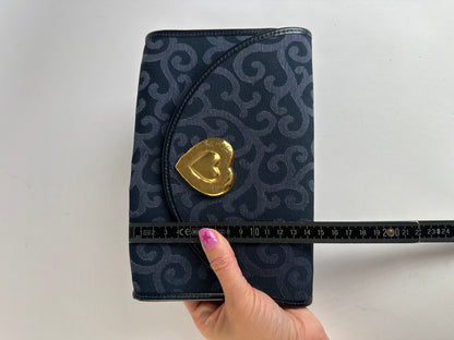 Vintage Yves Saint Laurent Textured Fabric Flap Wallet Navy Gold