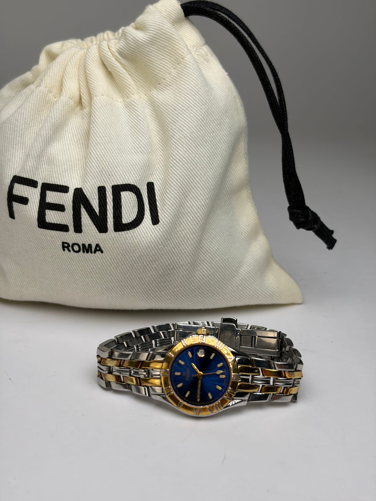 Vintage Fendi Two-Tone Quartz Bracelet Watch Late 1990s Blue Gold