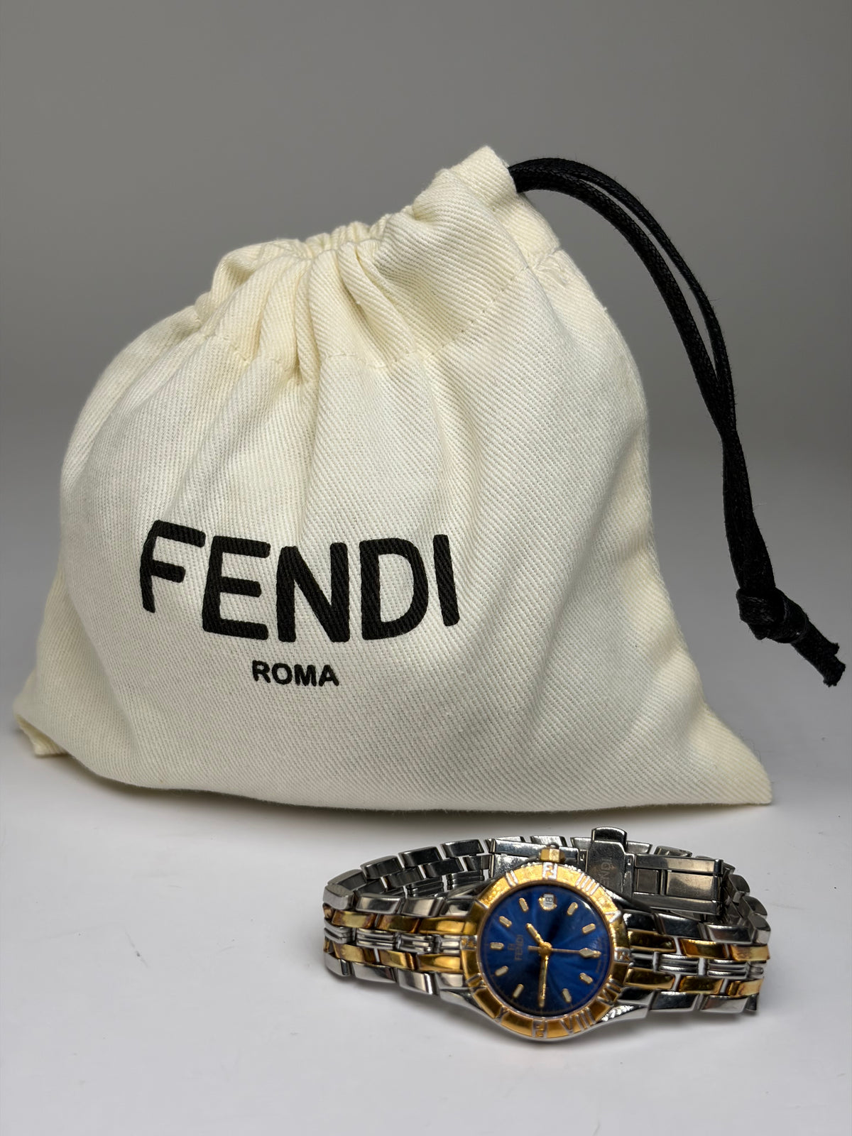 Vintage Fendi Two-Tone Quartz Bracelet Watch Late 1990s Blue Gold