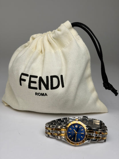 Vintage Fendi Two-Tone Quartz Bracelet Watch Late 1990s Blue Gold