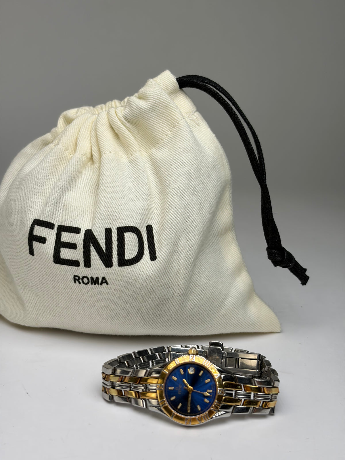 Vintage Fendi Two-Tone Quartz Bracelet Watch Late 1990s Blue Gold
