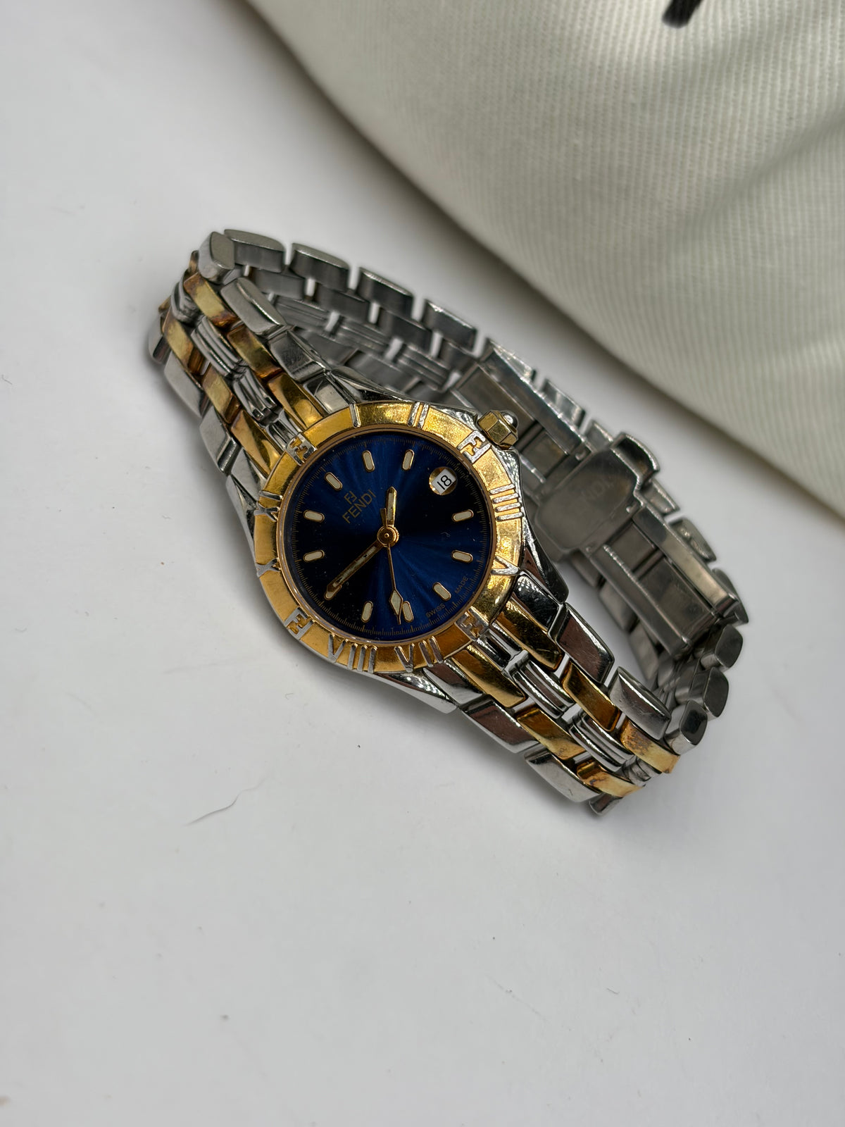 Vintage Fendi Two-Tone Quartz Bracelet Watch Late 1990s Blue Gold