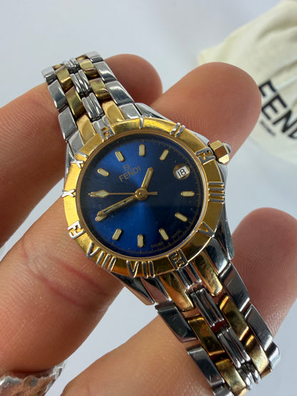 Vintage Fendi Two-Tone Quartz Bracelet Watch Late 1990s Blue Gold