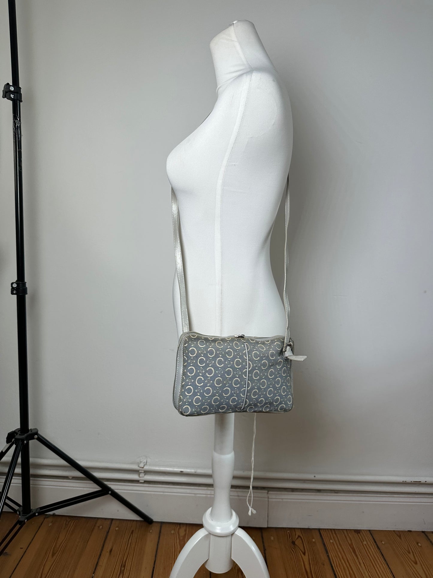 Vintage Celine Macadam Canvas Crossbody Bag Y2K Grey Cream