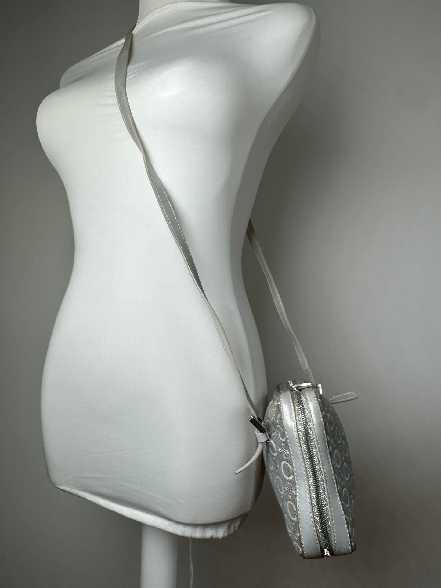 Vintage Celine Macadam Canvas Crossbody Bag Y2K Grey Cream