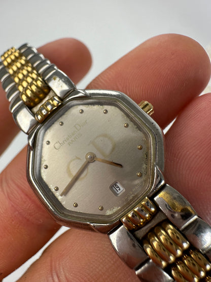 Vintage Dior Stainless Steel Bracelet Watch Y2K Silver Gold