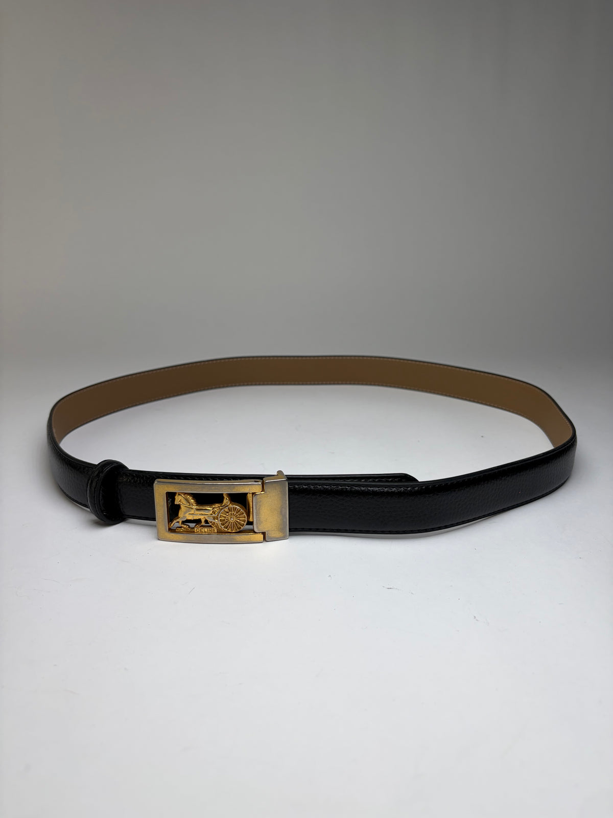 Vintage Celine Sulky Horse Carriage Buckle Belt Late 1970s Black Gold