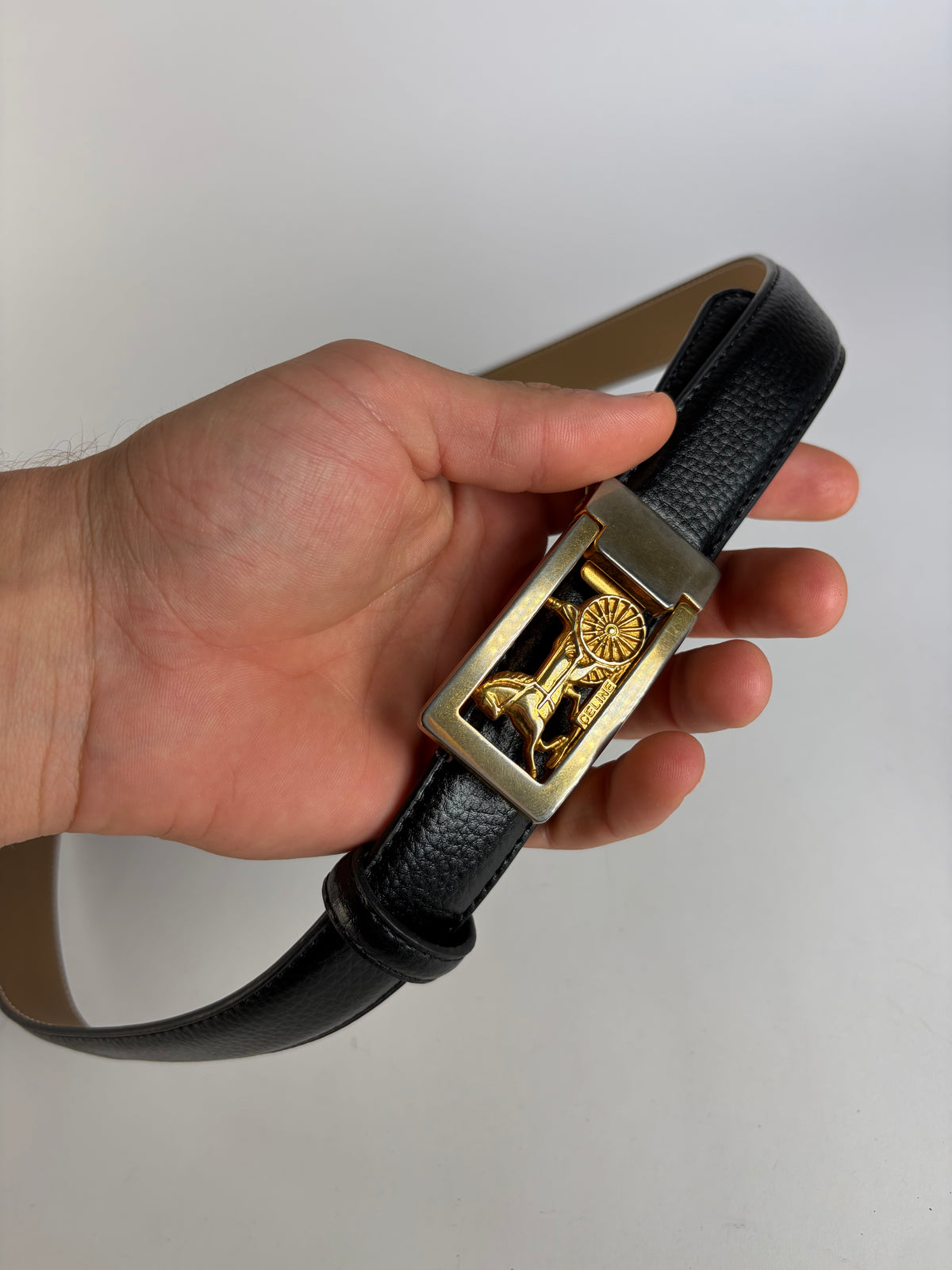 Vintage Celine Sulky Horse Carriage Buckle Belt Late 1970s Black Gold