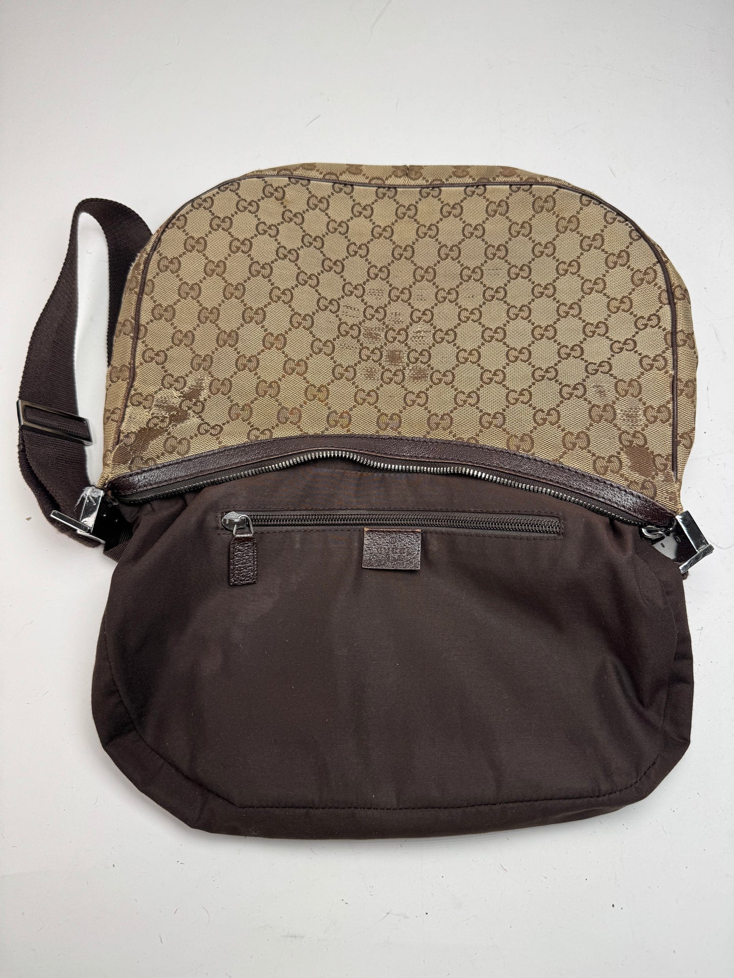 Vintage Gucci Monogram Canvas Croissant Crossbody 2Way Bag beige brown