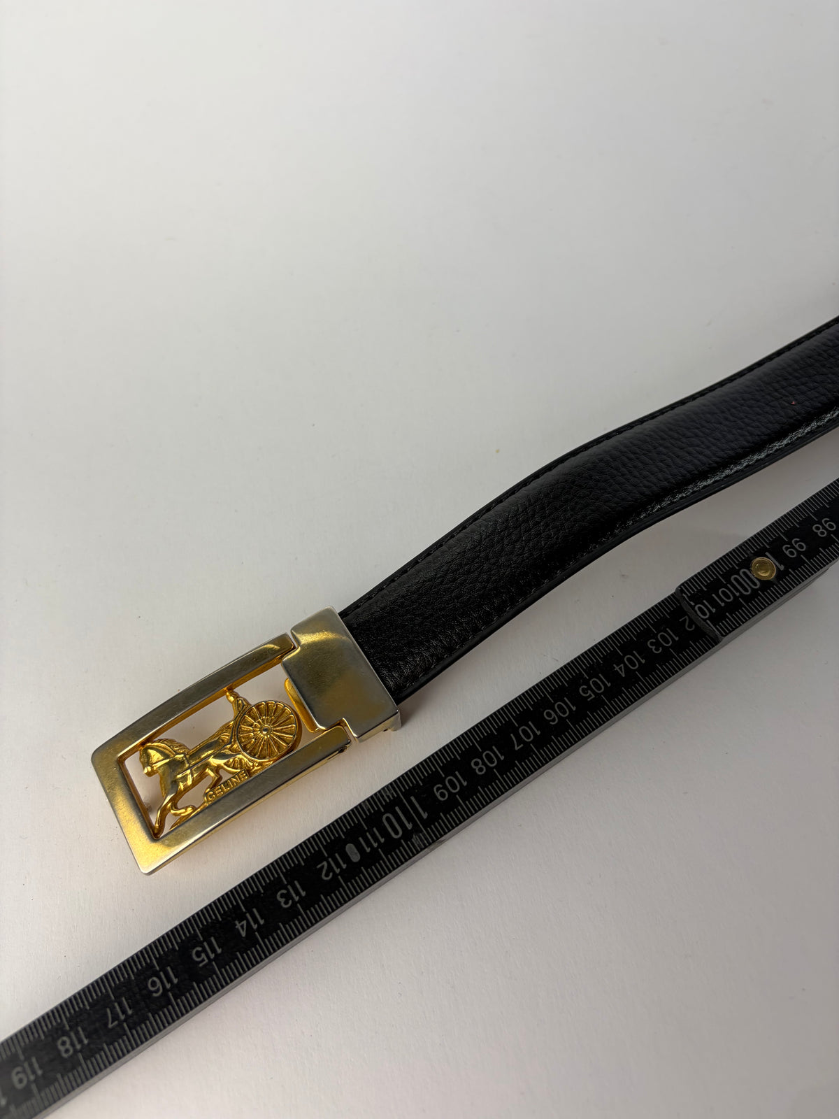 Vintage Celine Sulky Horse Carriage Buckle Belt Late 1970s Black Gold