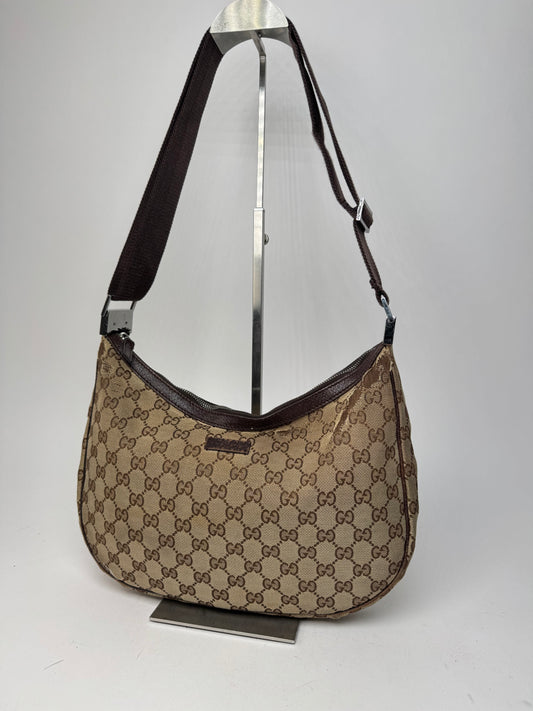 Vintage Gucci Monogram Canvas Croissant Crossbody 2Way Bag beige brown