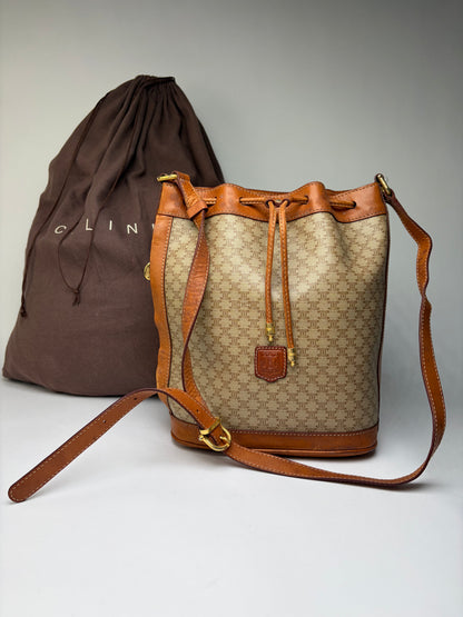 Vintage Celine Macadam Canvas Bucket Bag c. 1990 Beige Brown