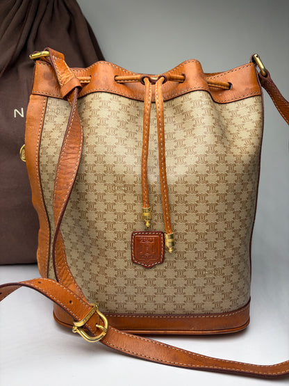 Vintage Celine Macadam Canvas Bucket Bag c. 1990 Beige Brown