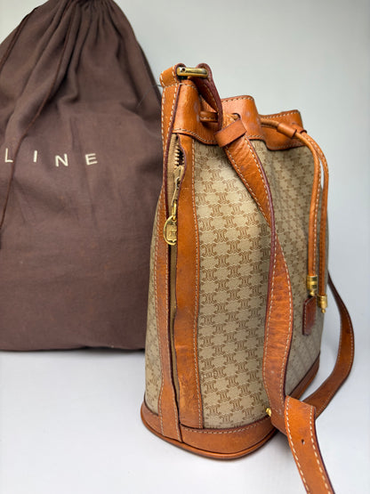 Vintage Celine Macadam Canvas Bucket Bag c. 1990 Beige Brown