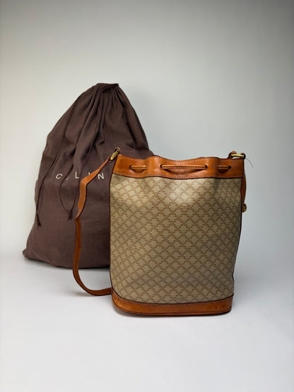 Vintage Celine Macadam Canvas Bucket Bag c. 1990 Beige Brown