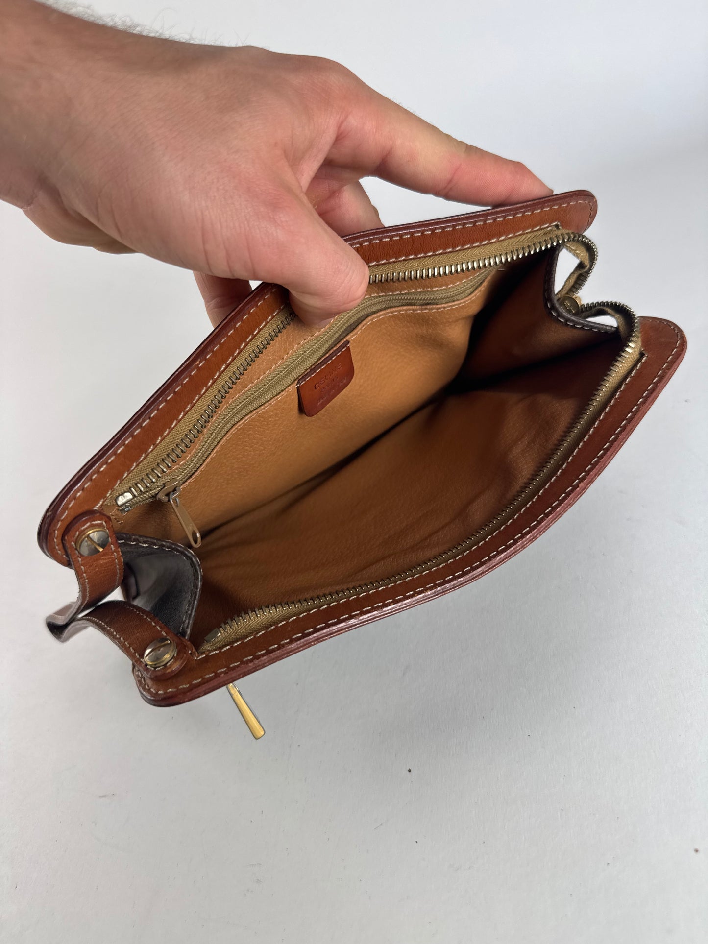 Vintage Celine Paris Triomphe Monogram Leather Clutch Brown