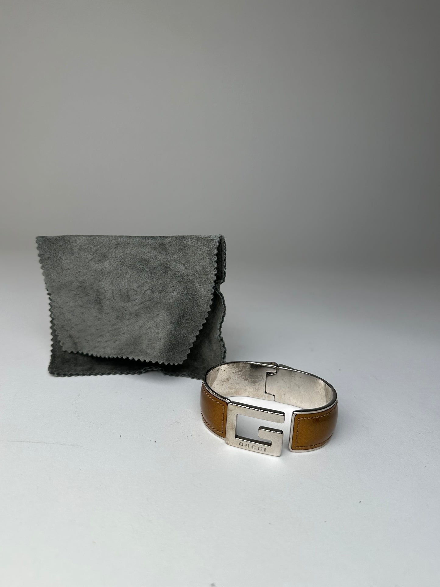 Vintage Gucci Leather Bracelet Y2K Tan Silver