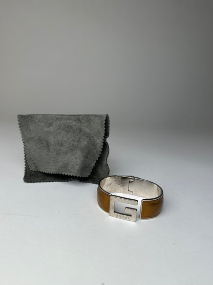 Vintage Gucci Leather Bracelet Y2K Tan Silver