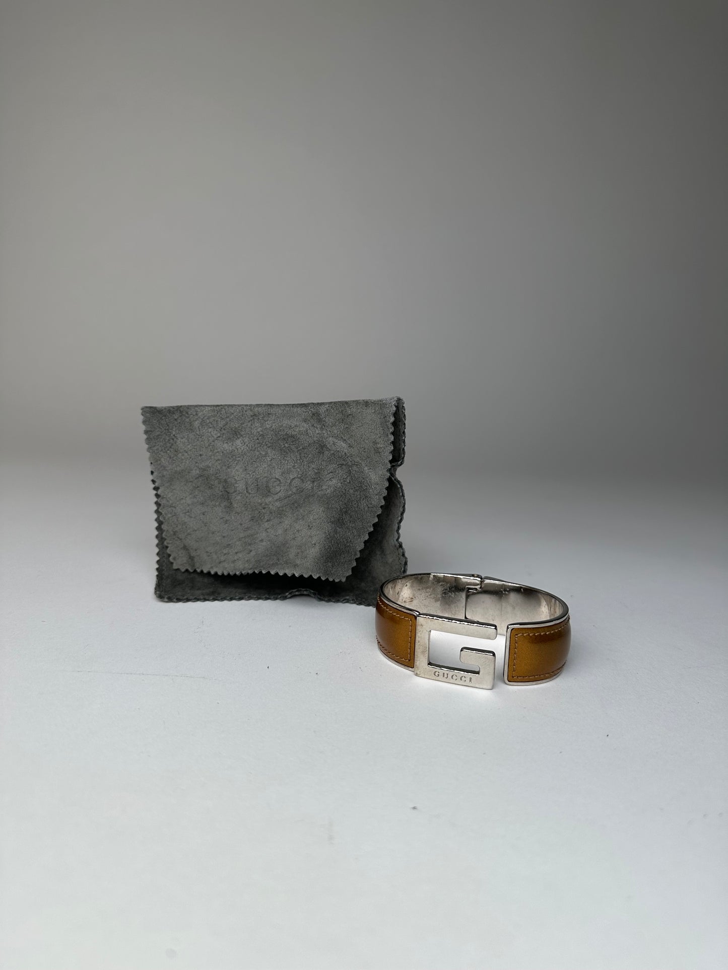 Vintage Gucci Leather Bracelet Y2K Tan Silver