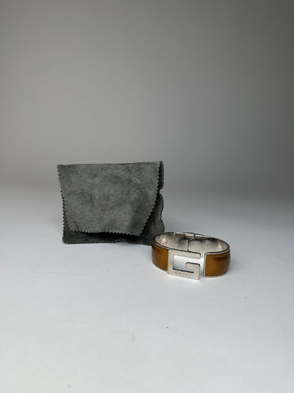 Vintage Gucci Leather Bracelet Y2K Tan Silver