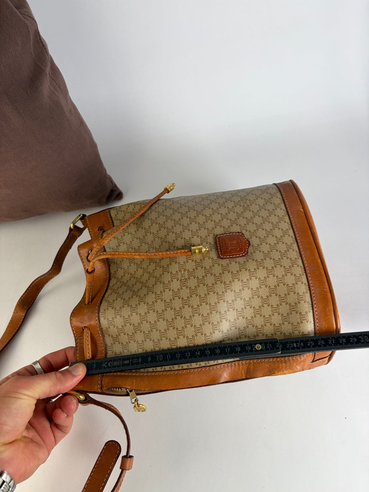 Vintage Celine Macadam Canvas Bucket Bag c. 1990 Beige Brown