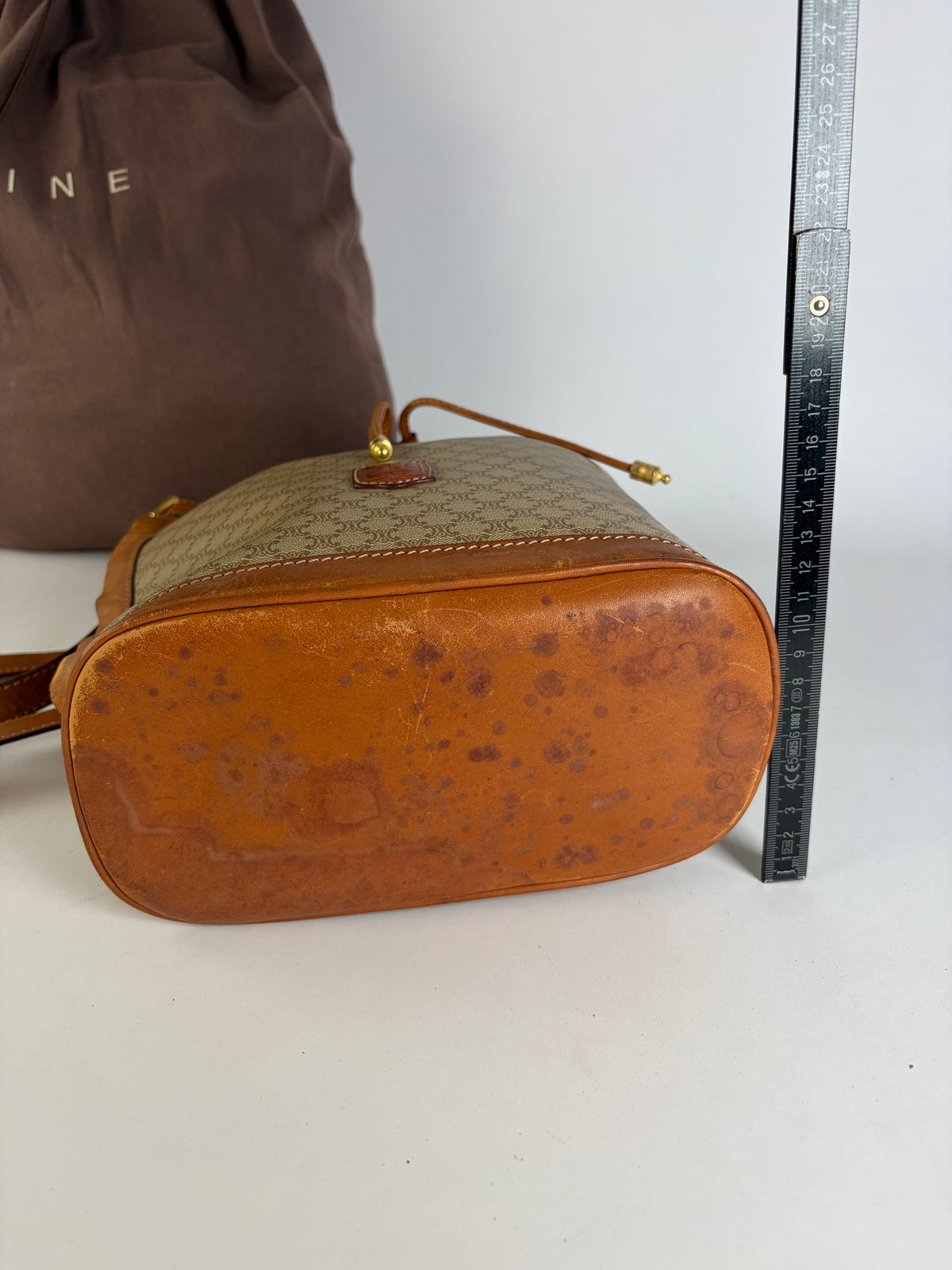 Vintage Celine Macadam Canvas Bucket Bag c. 1990 Beige Brown
