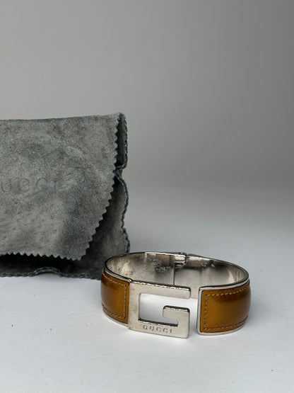 Vintage Gucci Leather Bracelet Y2K Tan Silver