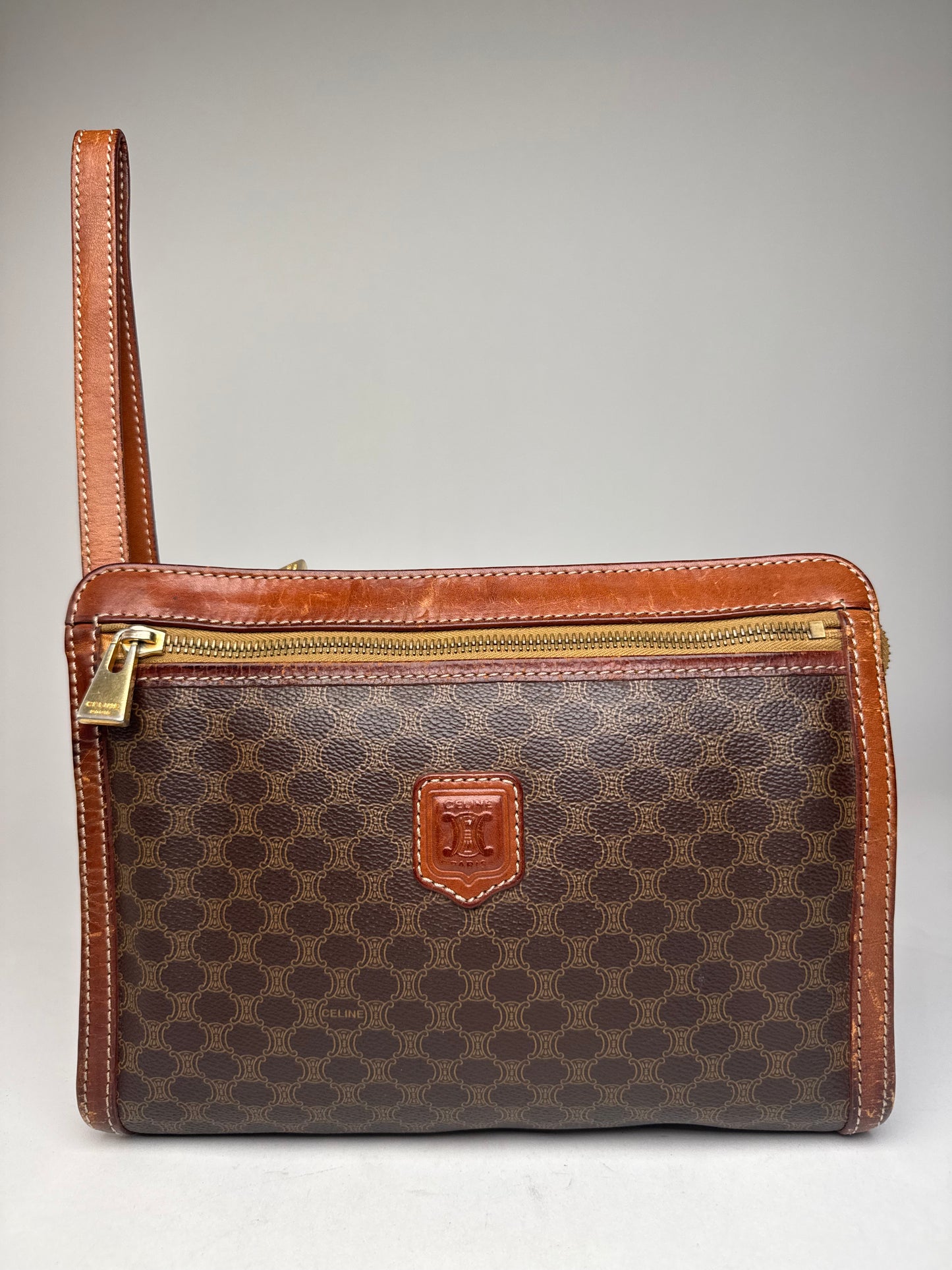Vintage Celine Paris Triomphe Monogram Leather Clutch Brown
