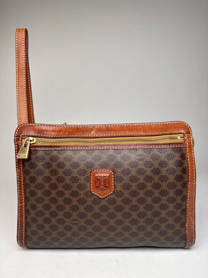 Vintage Celine Paris Triomphe Monogram Leather Clutch Brown